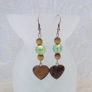 Tiger Eye Heart Dangle Earrings w/ Green Crystal Bead, Business and Boho Jewelry